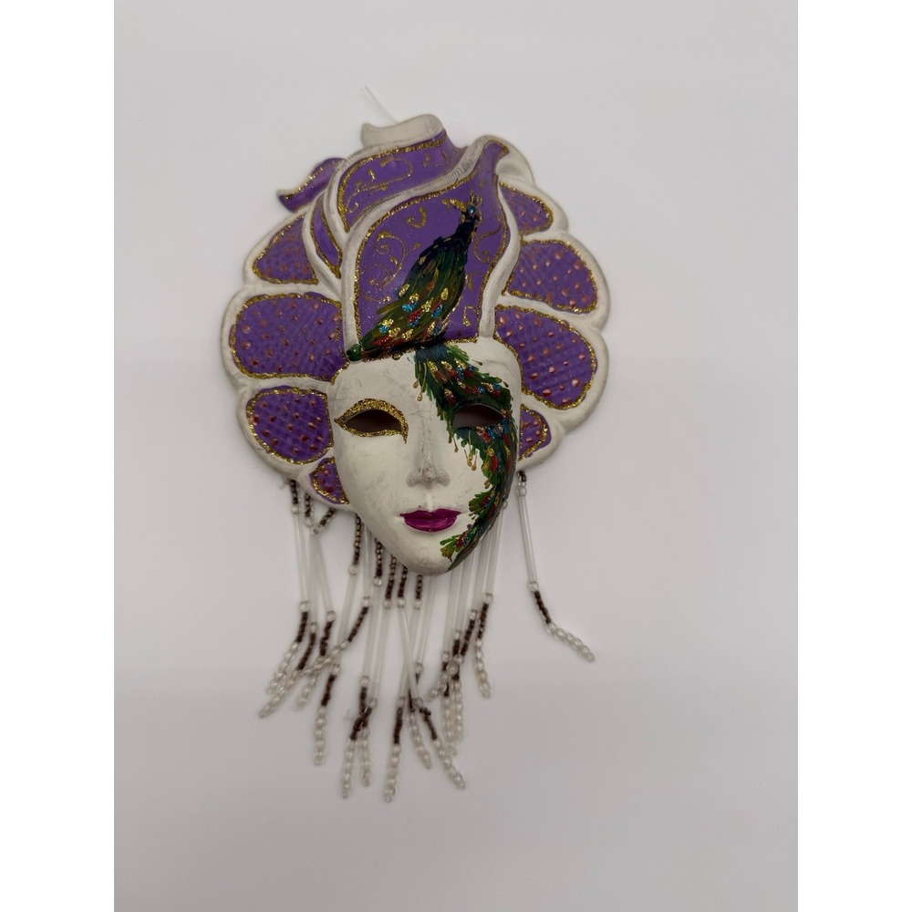 Venetian Style Mardi Gras Wall Mask Purple Gold Peacock Beaded 8" Decor Carnival